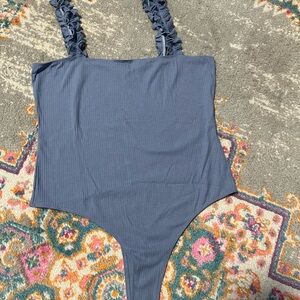 Double Zero Blue Ribbed Bodysuit with Ruffled Straps